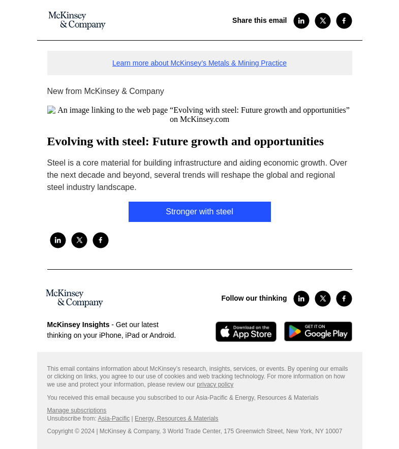Письмо компании «McKinsey & Company» на тему «Evolving with steel: Future growth and opportunities»