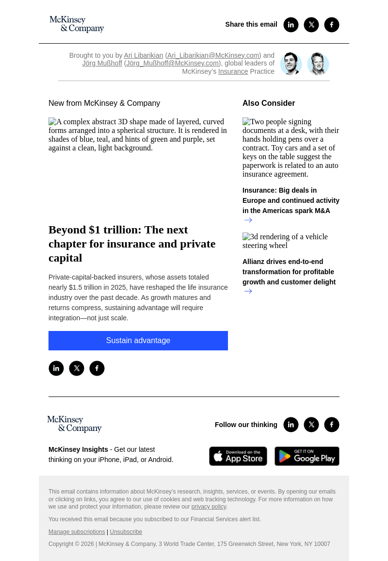 Письмо компании «McKinsey & Company» на тему «Beyond $1 trillion: The next chapter for insurance and private
 capital»