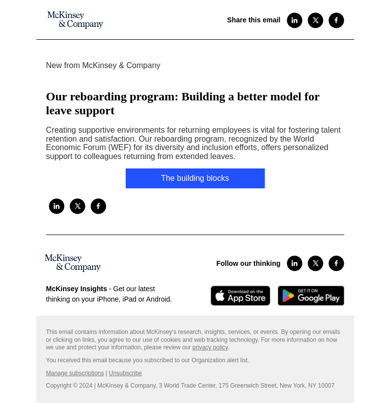 Письмо компании «McKinsey & Company» на тему «Our reboarding program: Building a better model for leave support»