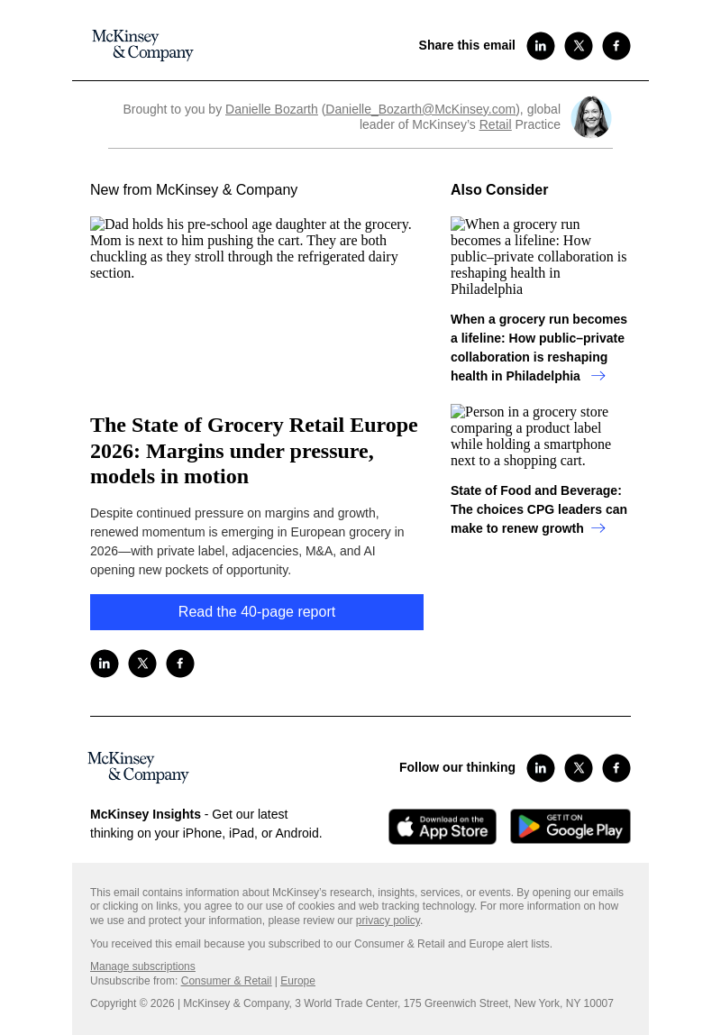 Письмо компании «McKinsey & Company» на тему «The State of Grocery Retail Europe 2026: Margins under pressure,
 models in motion»