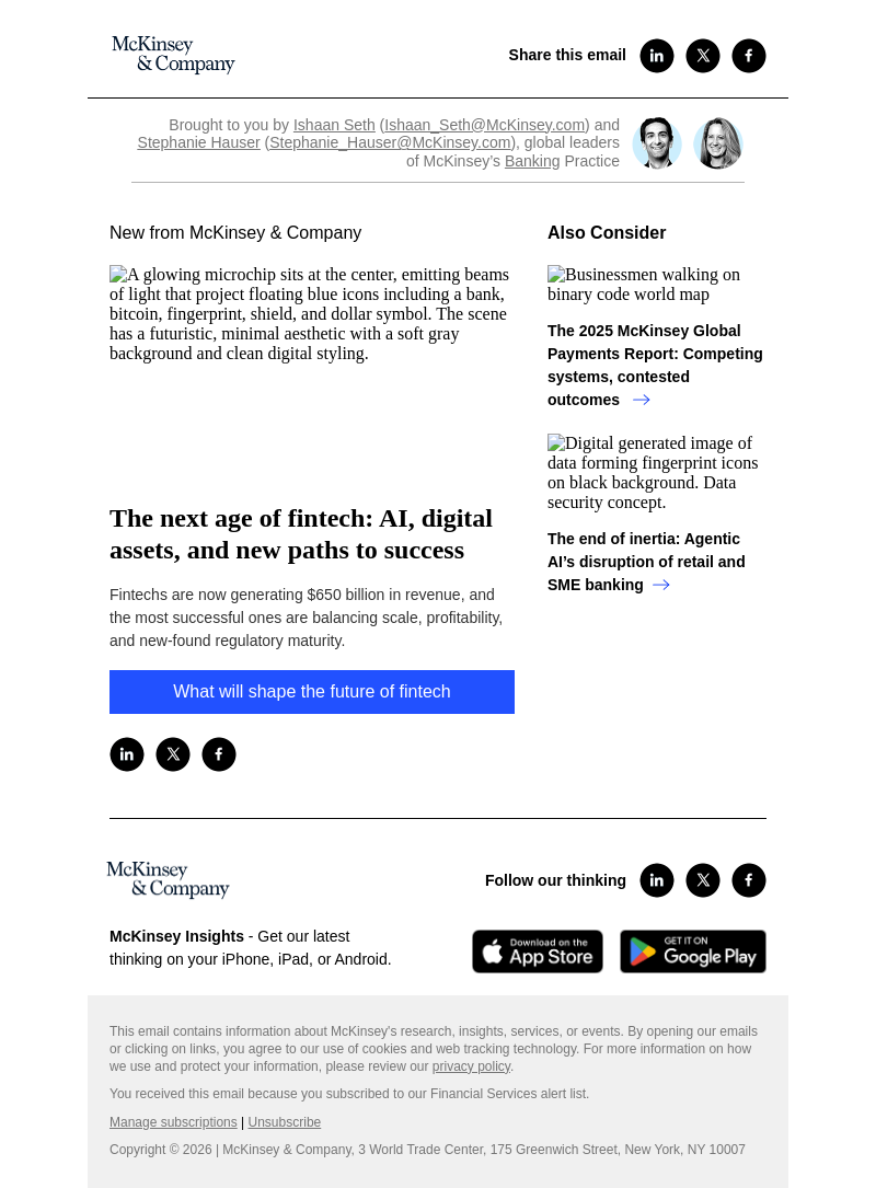 Письмо компании «McKinsey & Company» на тему «The next age of fintech: AI, digital assets, and new paths to
 success»