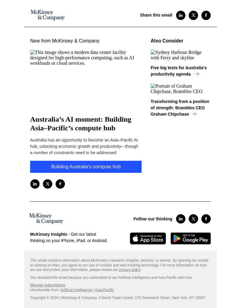 Письмо компании «McKinsey & Company» на тему «Australia’s AI moment: Building Asia–Pacific’s compute hub»