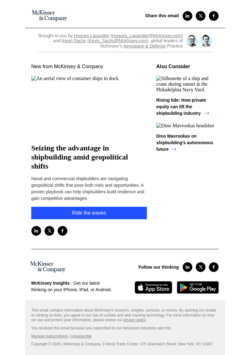 Письмо компании «McKinsey & Company» на тему «Seizing the advantage in shipbuilding amid geopolitical shifts»