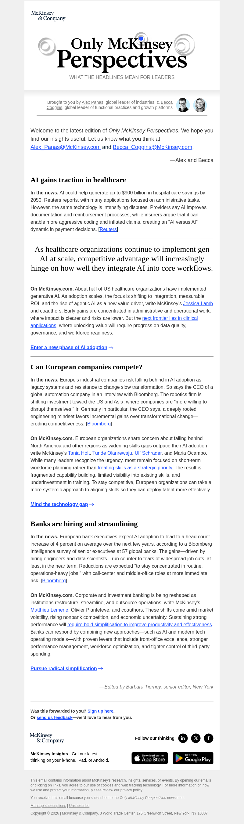 Письмо компании «McKinsey & Company» на тему «AI tools and healthcare, questioning Europe’s competitiveness, and changes in banking»