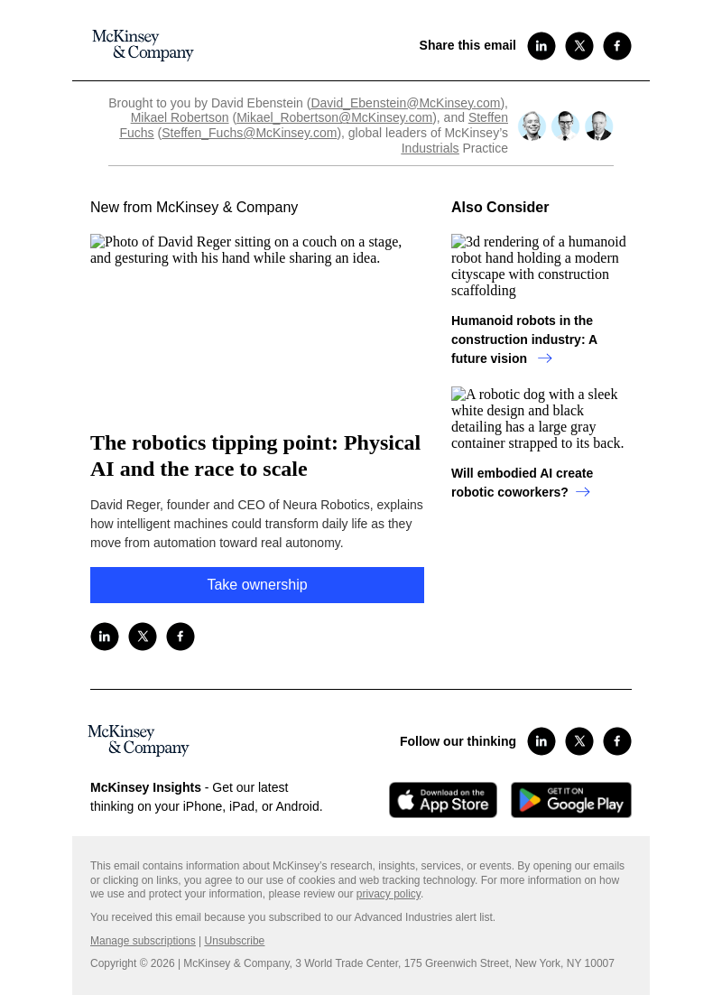Письмо компании «McKinsey & Company» на тему «The robotics tipping point: Physical AI and the race to scale»