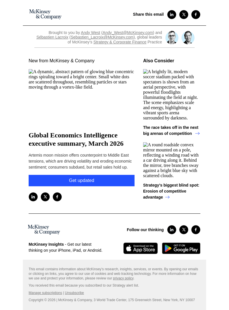 Письмо компании «McKinsey & Company» на тему «Global Economics Intelligence executive summary, March 2026 »