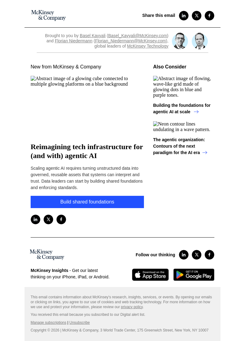 Письмо компании «McKinsey & Company» на тему «Reimagining tech infrastructure for (and with) agentic AI»
