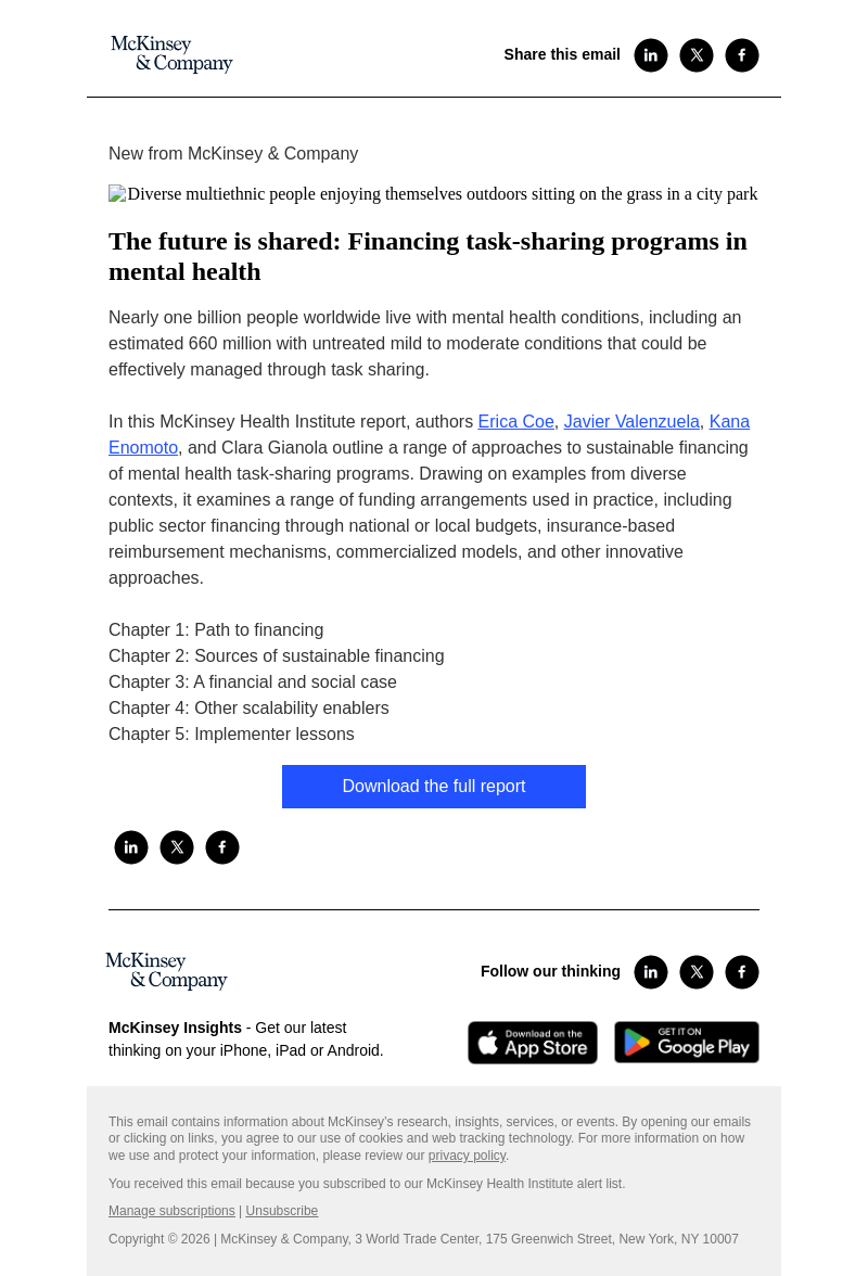 Письмо компании «McKinsey & Company» на тему «The future is shared: Financing task-sharing programs in mental
 health»