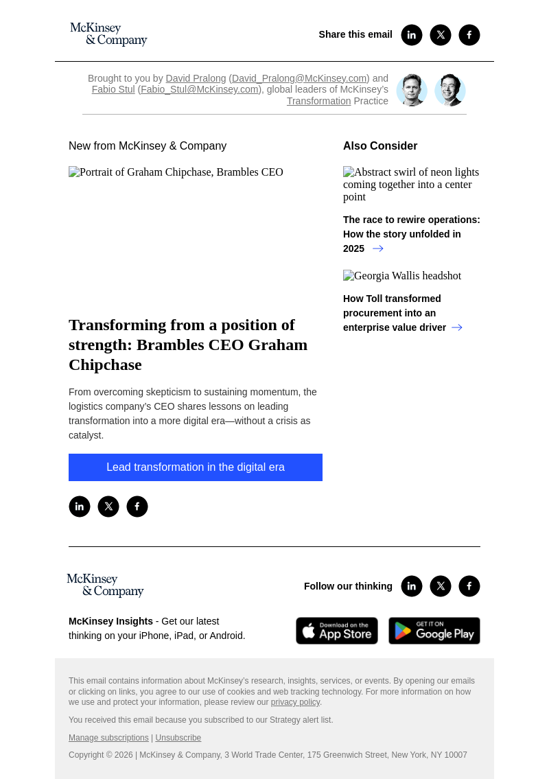 Письмо компании «McKinsey & Company» на тему «Transforming from a position of strength: Brambles CEO Graham
 Chipchase»