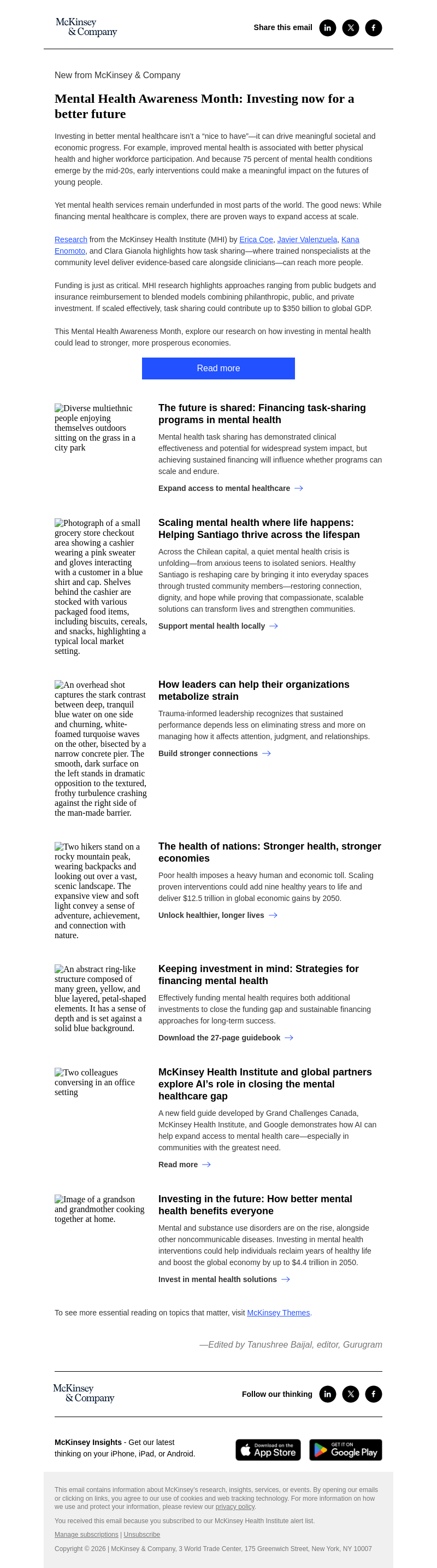 Письмо компании «McKinsey & Company» на тему «Better mental health, better futures»
