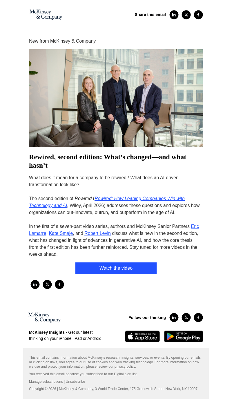 Письмо компании «McKinsey & Company» на тему «Rewired, second edition: What gen AI has changed—and what it hasn’t»