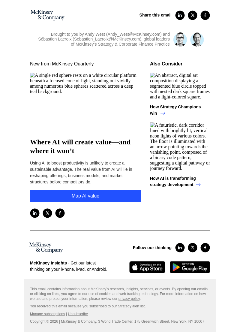 Письмо компании «McKinsey & Company» на тему «Where AI will create value—and where it won’t»