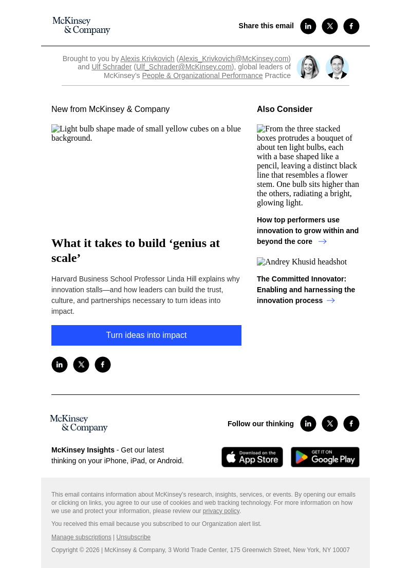 Письмо компании «McKinsey & Company» на тему «What it takes to build ‘genius at scale’»