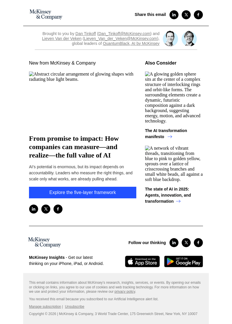 Письмо компании «McKinsey & Company» на тему «From promise to impact: How companies can measure—and realize—the full value of AI»