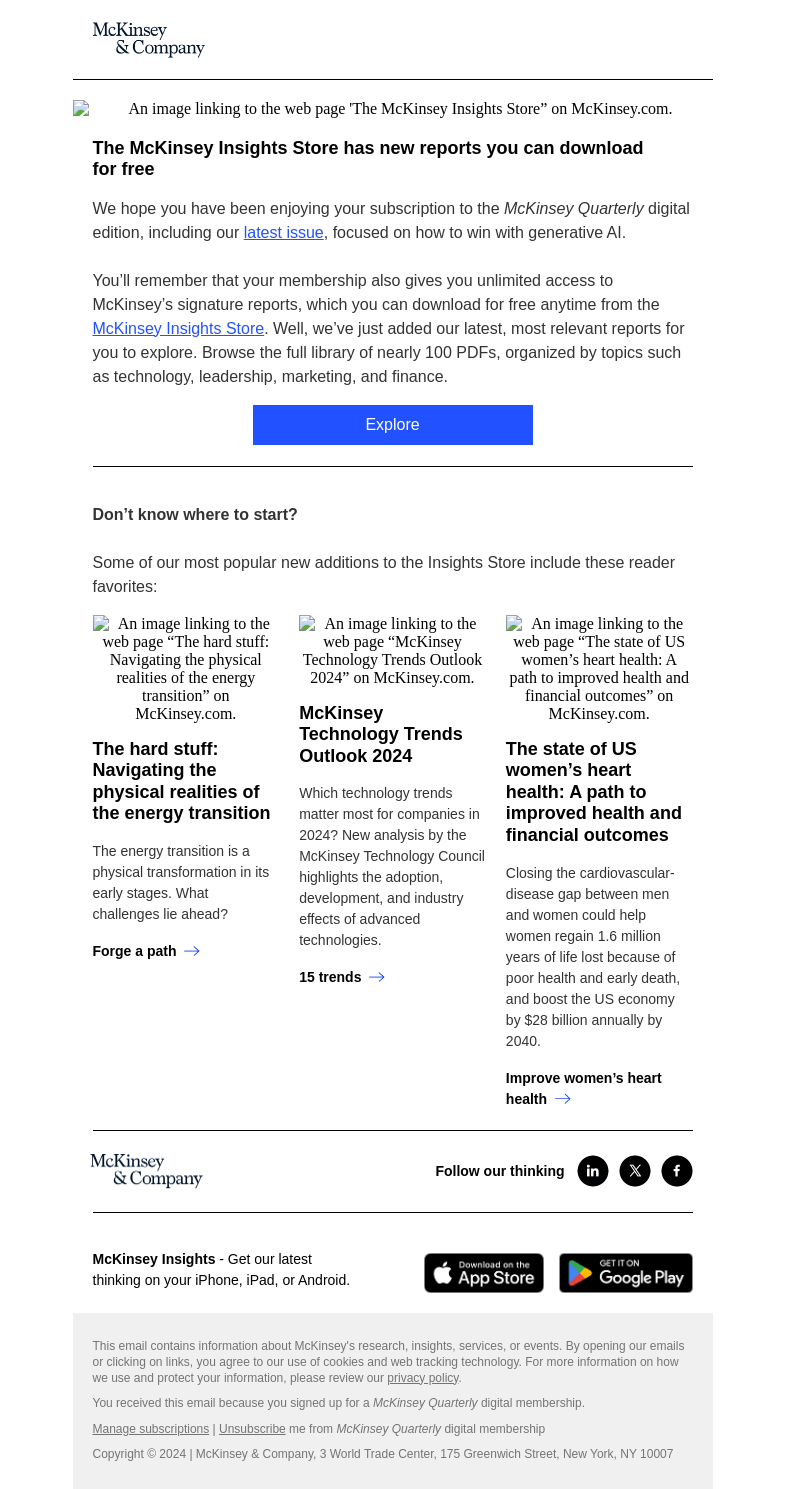Письмо компании «McKinsey & Company» на тему «New reports available as part of your McKinsey Quarterly membership»