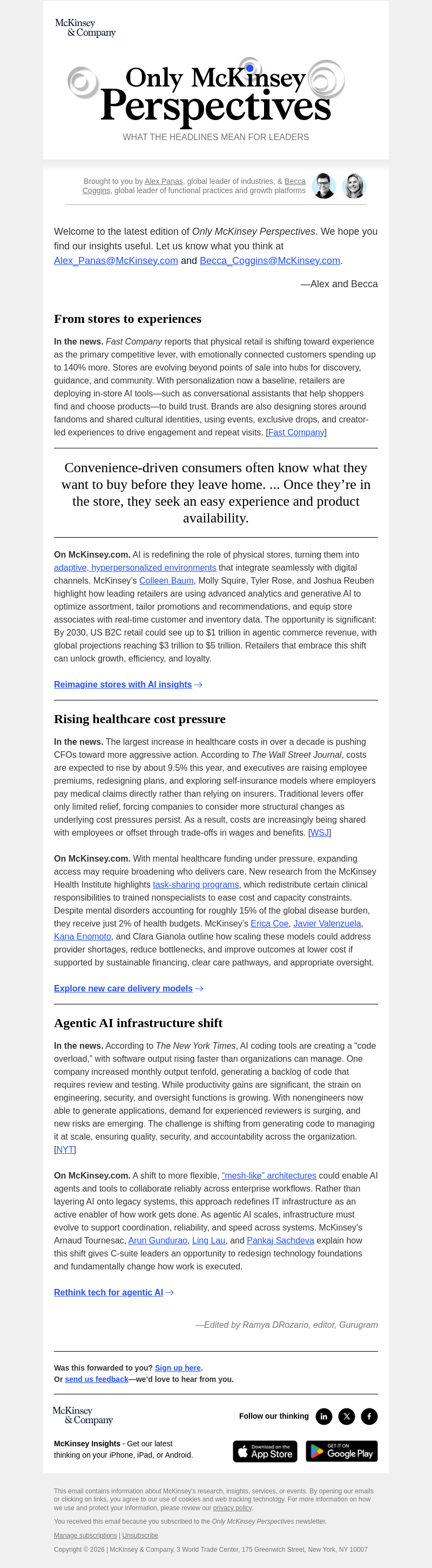 Письмо компании «McKinsey & Company» на тему «The future of stores, healthcare costs surge, AI agents redefine
 enterprise infrastructure»