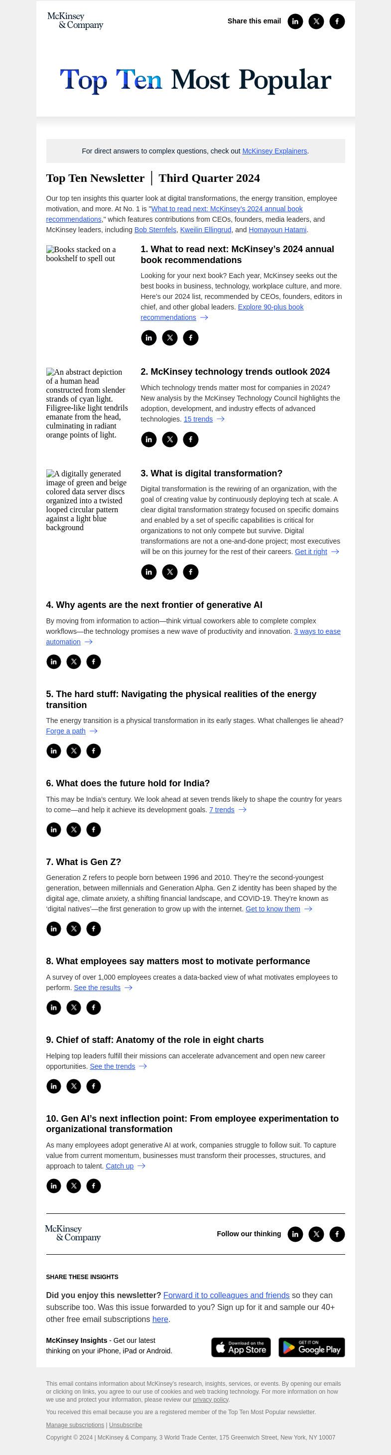Письмо компании «McKinsey & Company» на тему «Top 10 insights this quarter»