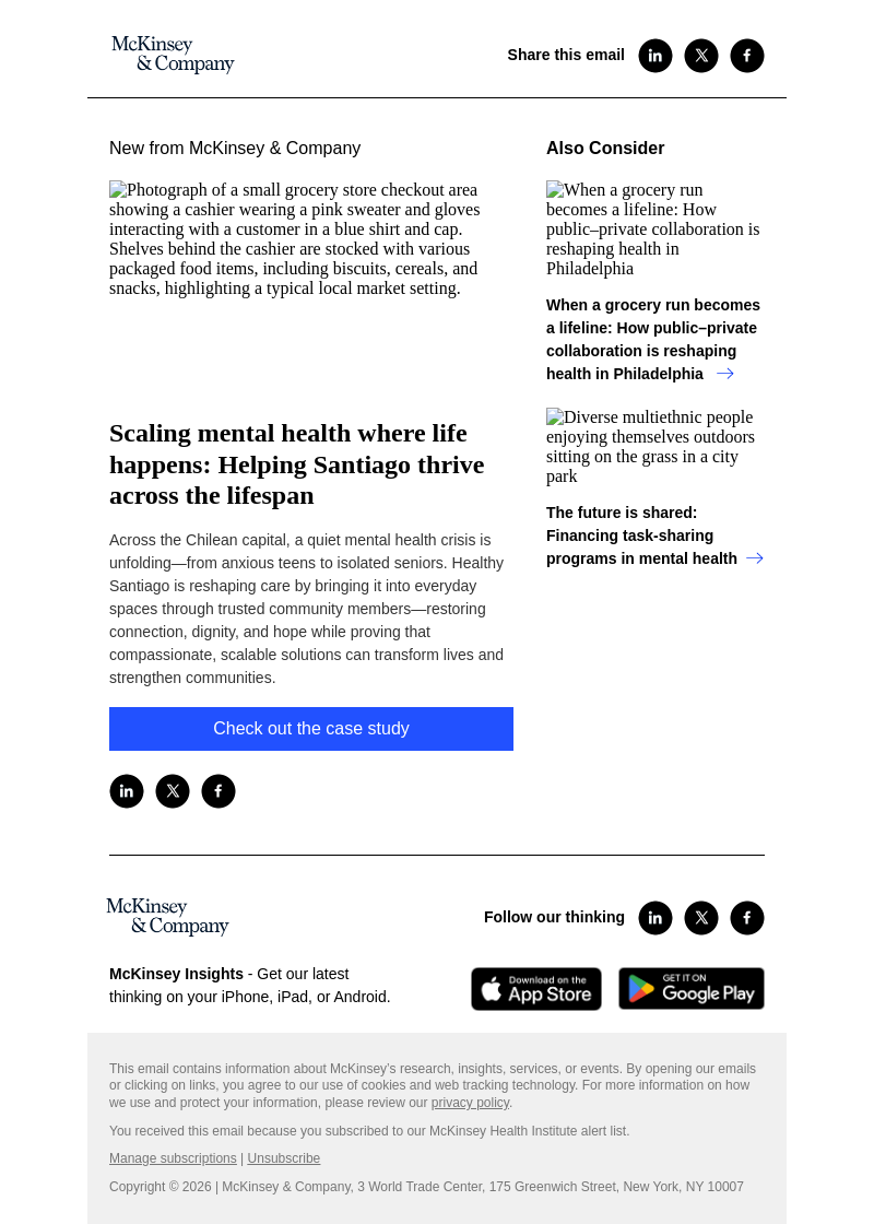 Письмо компании «McKinsey & Company» на тему «Scaling mental health where life happens: Helping Santiago thrive
 across the lifespan»