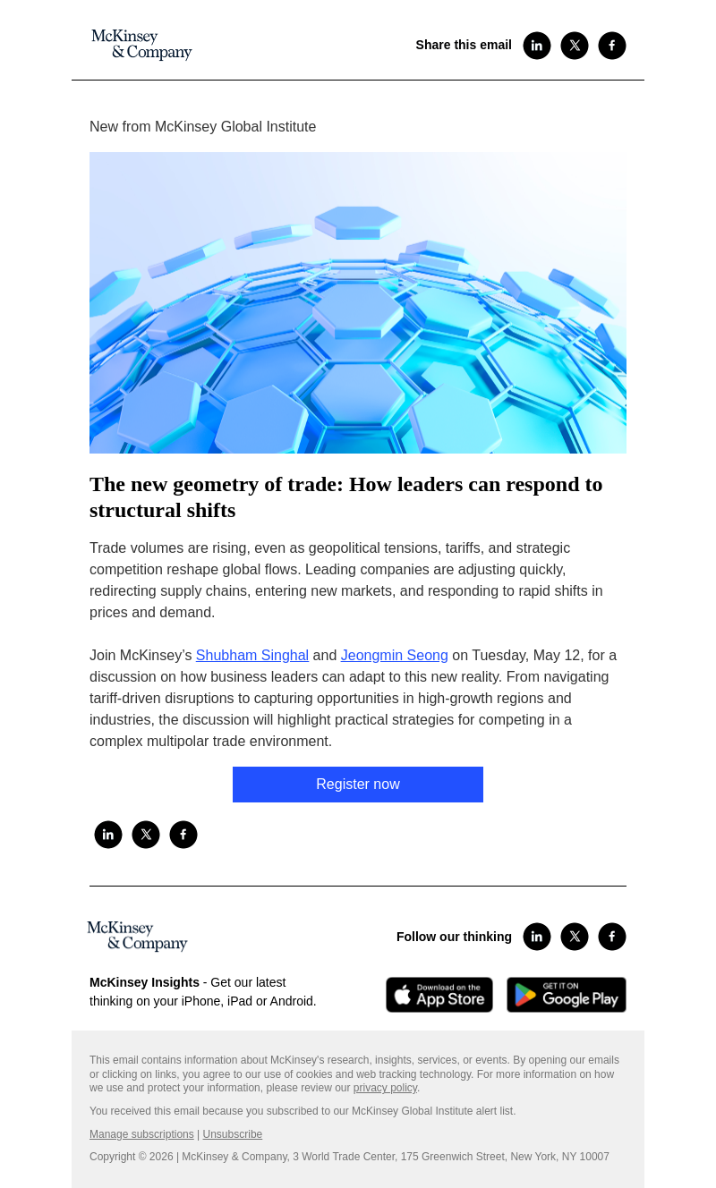 Письмо компании «McKinsey & Company» на тему «You’re invited! Join us for a McKinsey Live virtual event on the new geometry of trade»