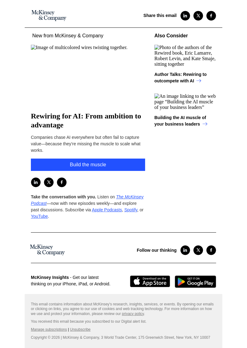 Письмо компании «McKinsey & Company» на тему «Rewiring for AI: From ambition to advantage»