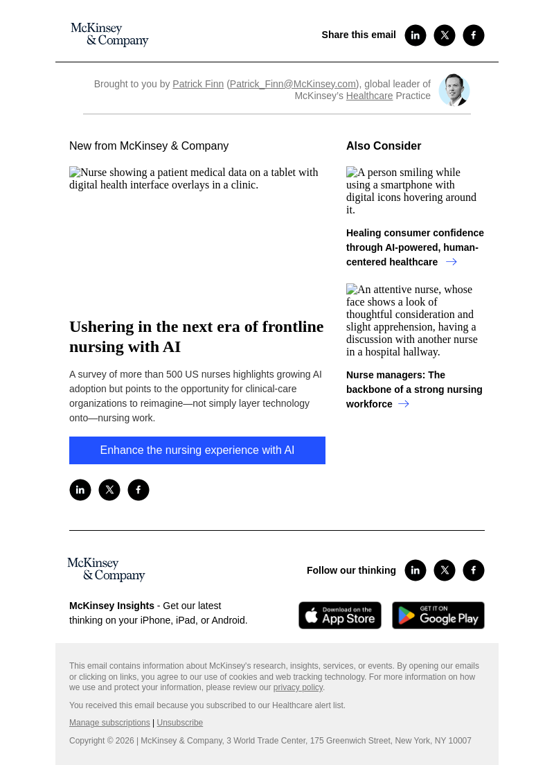 Письмо компании «McKinsey & Company» на тему «Ushering in the next era of frontline nursing with AI»