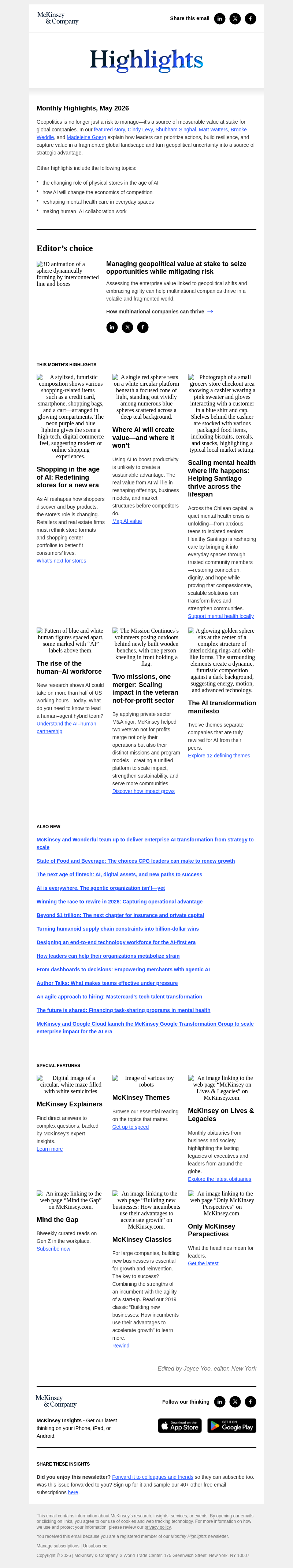Письмо компании «McKinsey & Company» на тему «Managing geopolitical value, how AI is redefining physical stores,
 and more »