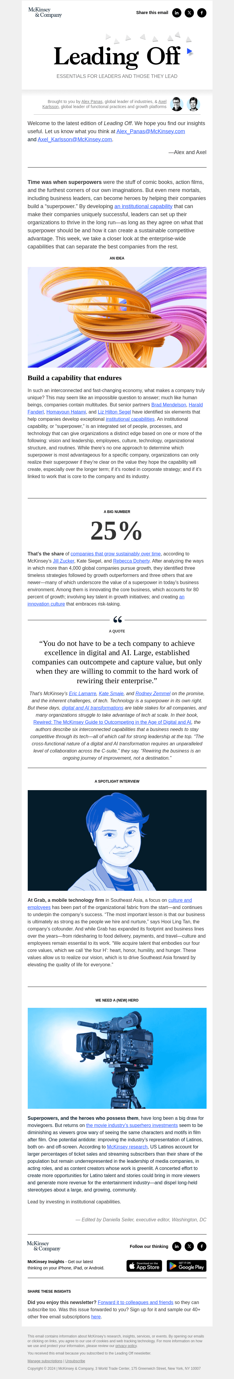 Письмо компании «McKinsey & Company» на тему «Achieving superhero status: A leader’s guide to institutional capabilities»