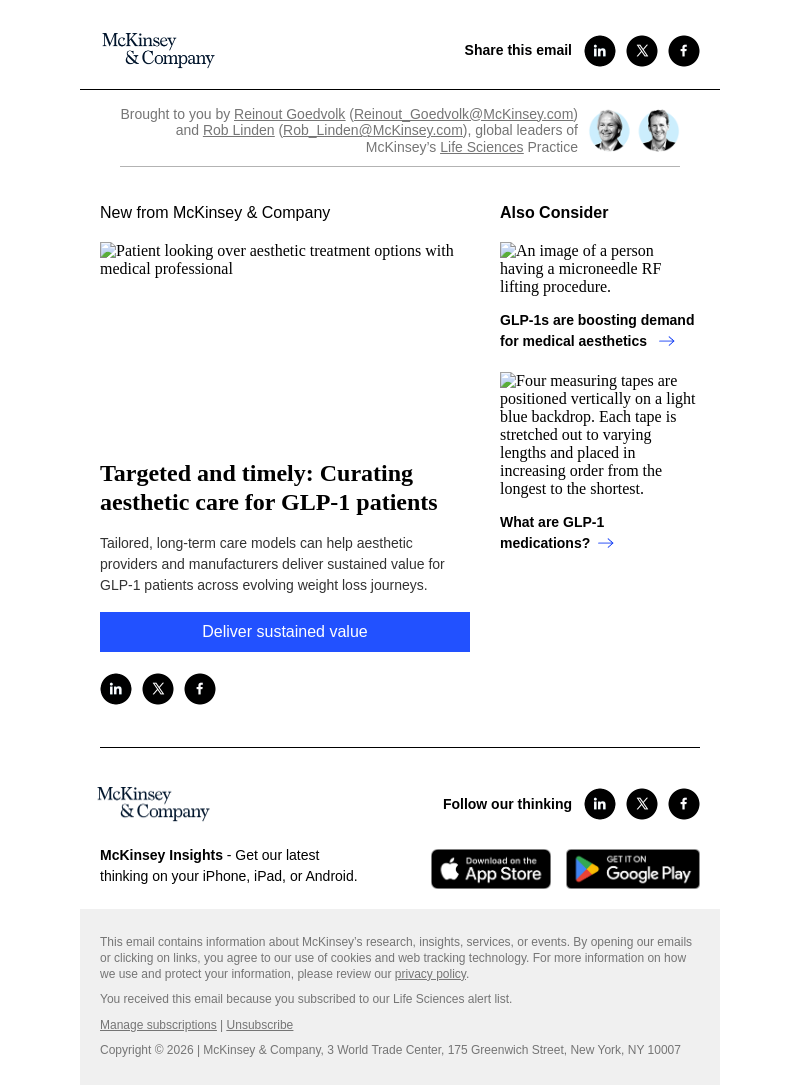 Письмо компании «McKinsey & Company» на тему «Targeted and timely: Curating aesthetic care for GLP-1 patients»
