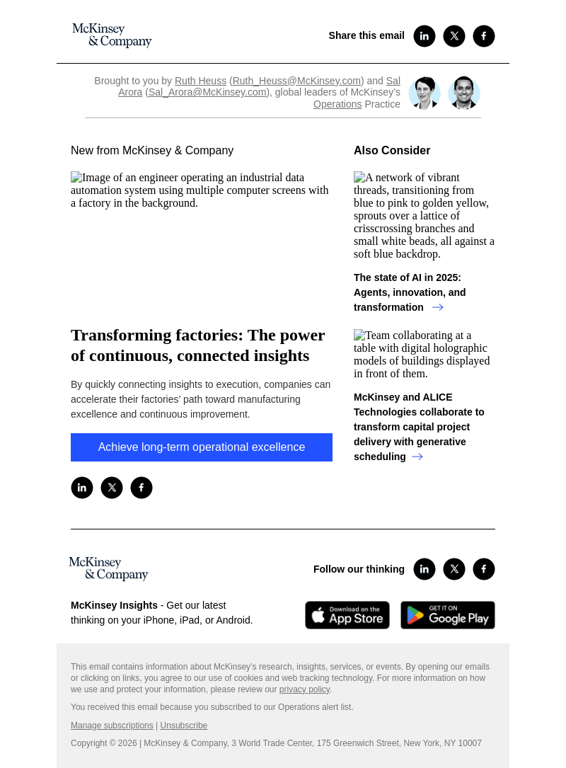 Письмо компании «McKinsey & Company» на тему «Transforming factories: The power of continuous, connected insights»