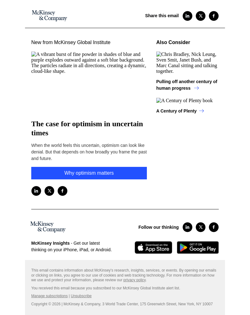 Письмо компании «McKinsey & Company» на тему «The case for optimism in uncertain times»