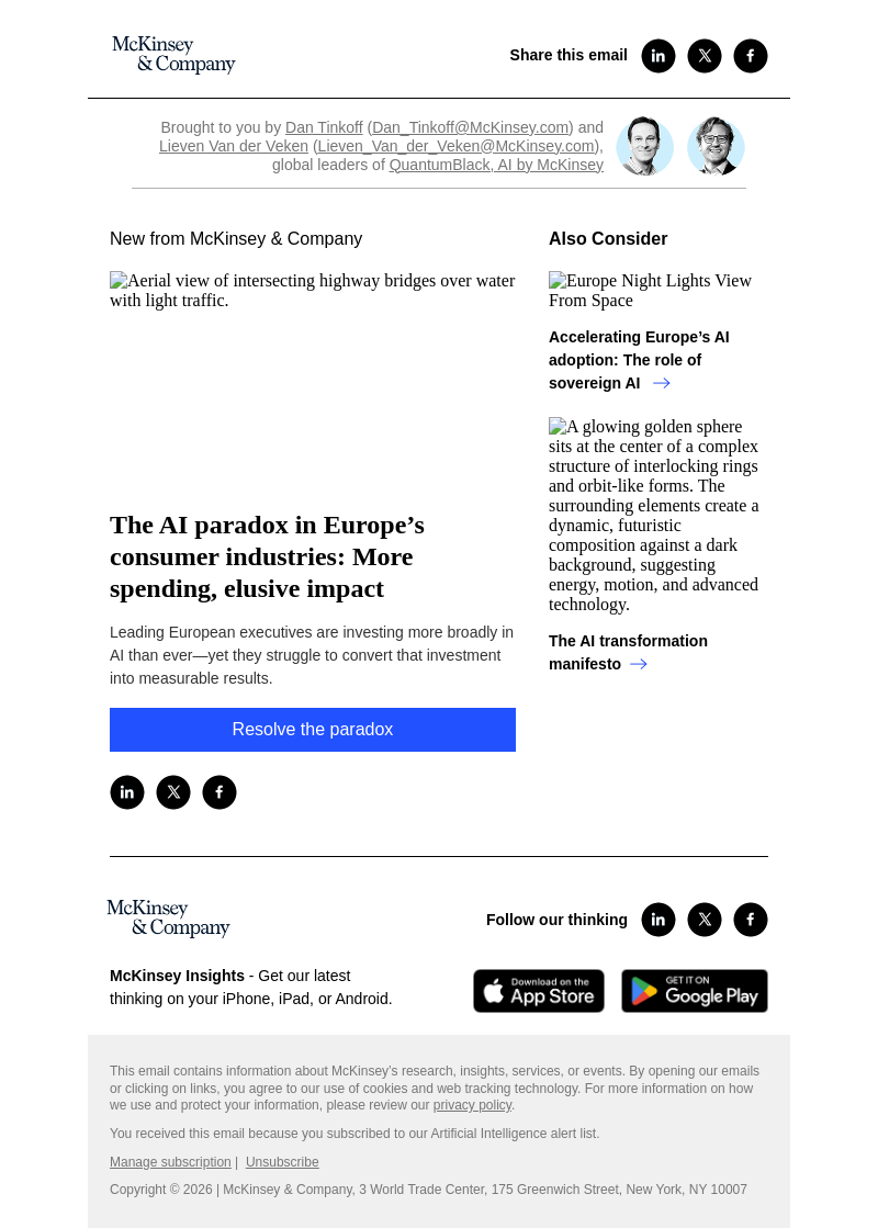 Письмо компании «McKinsey & Company» на тему «The AI paradox in Europe’s consumer industries: More spending, elusive impact»