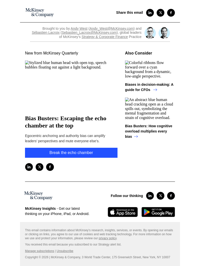 Письмо компании «McKinsey & Company» на тему «Bias Busters: Escaping the echo chamber at the top»