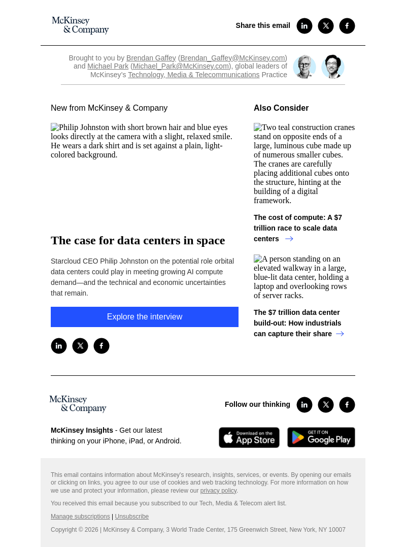 Письмо компании «McKinsey & Company» на тему «The case for data centers in space»