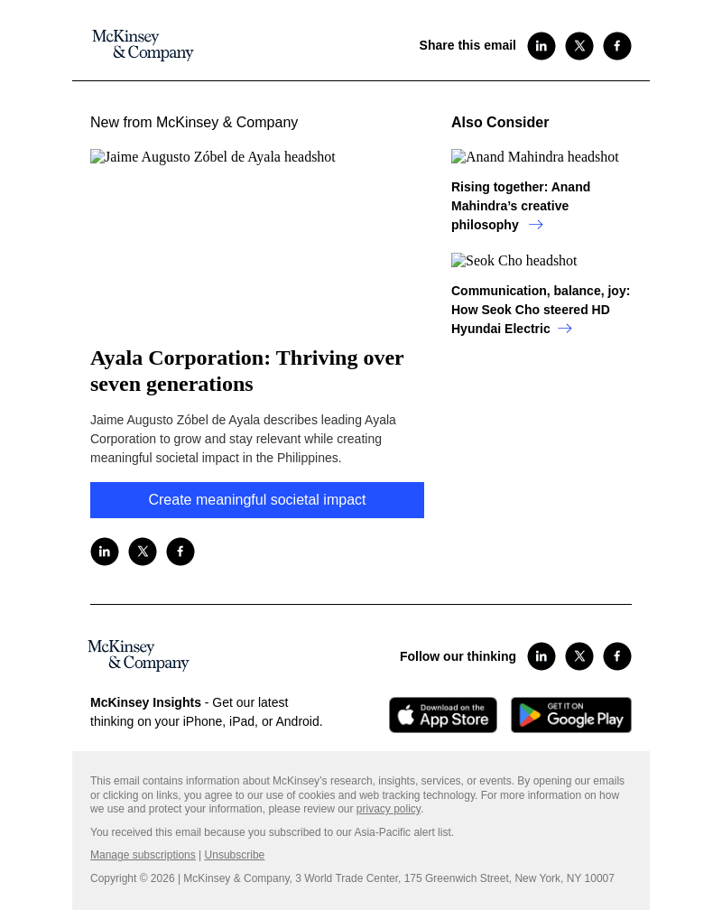 Письмо компании «McKinsey & Company» на тему «Ayala Corporation: Thriving over seven generations»