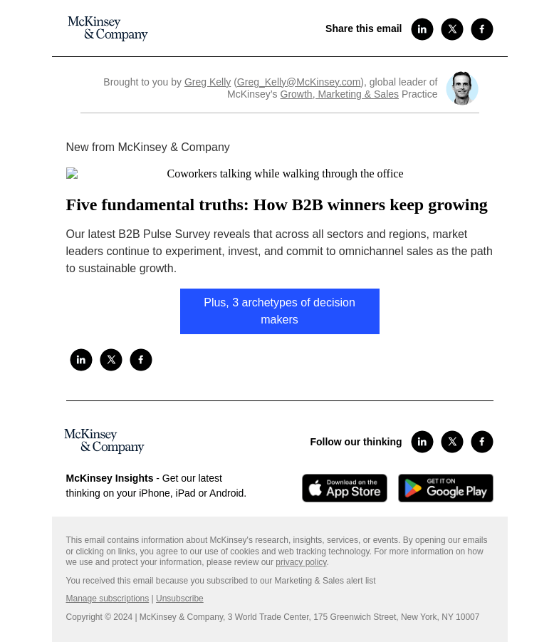 Письмо компании «McKinsey & Company» на тему «Five fundamental truths: How B2B winners keep growing»