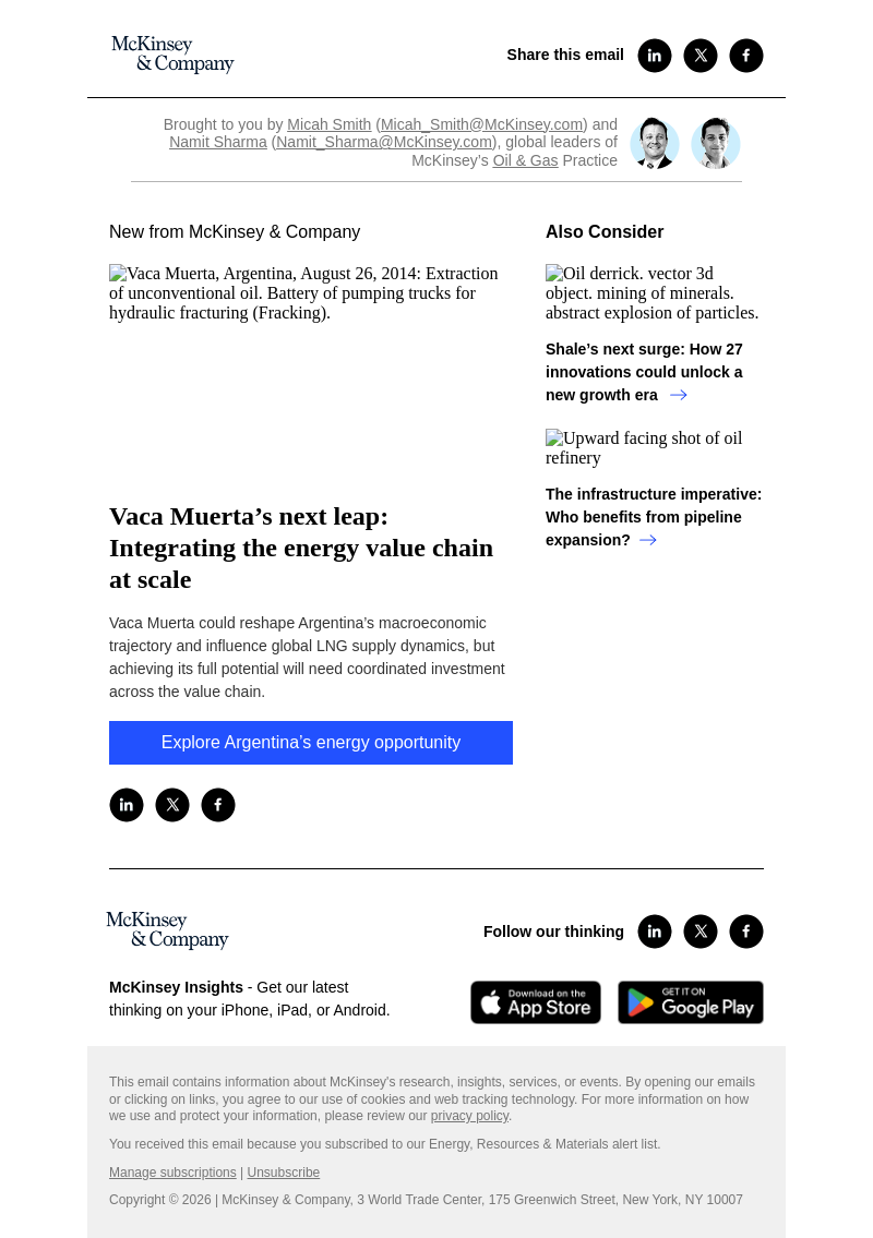 Письмо компании «McKinsey & Company» на тему «Vaca Muerta’s next leap: Integrating the energy value chain at scale»