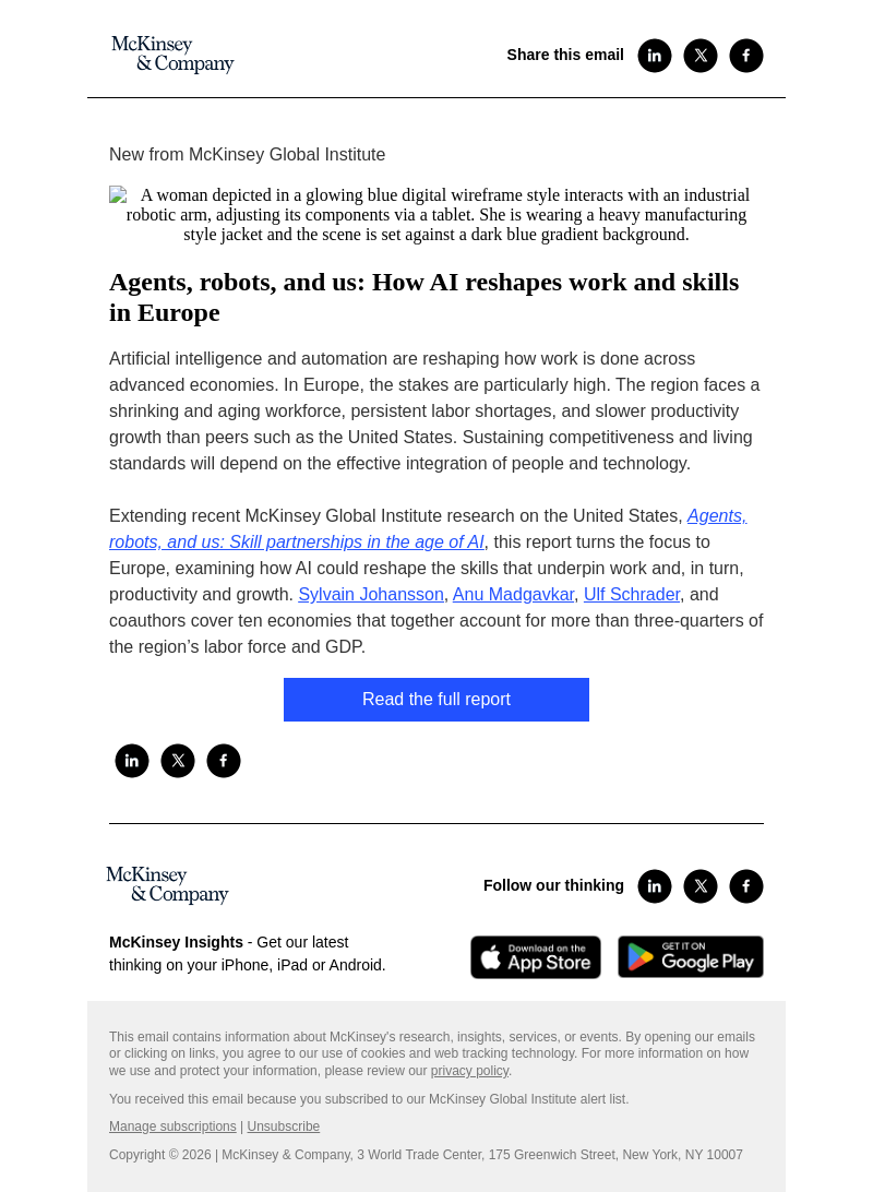 Письмо компании «McKinsey & Company» на тему «Agents, robots, and us: How AI reshapes work and skills in Europe»