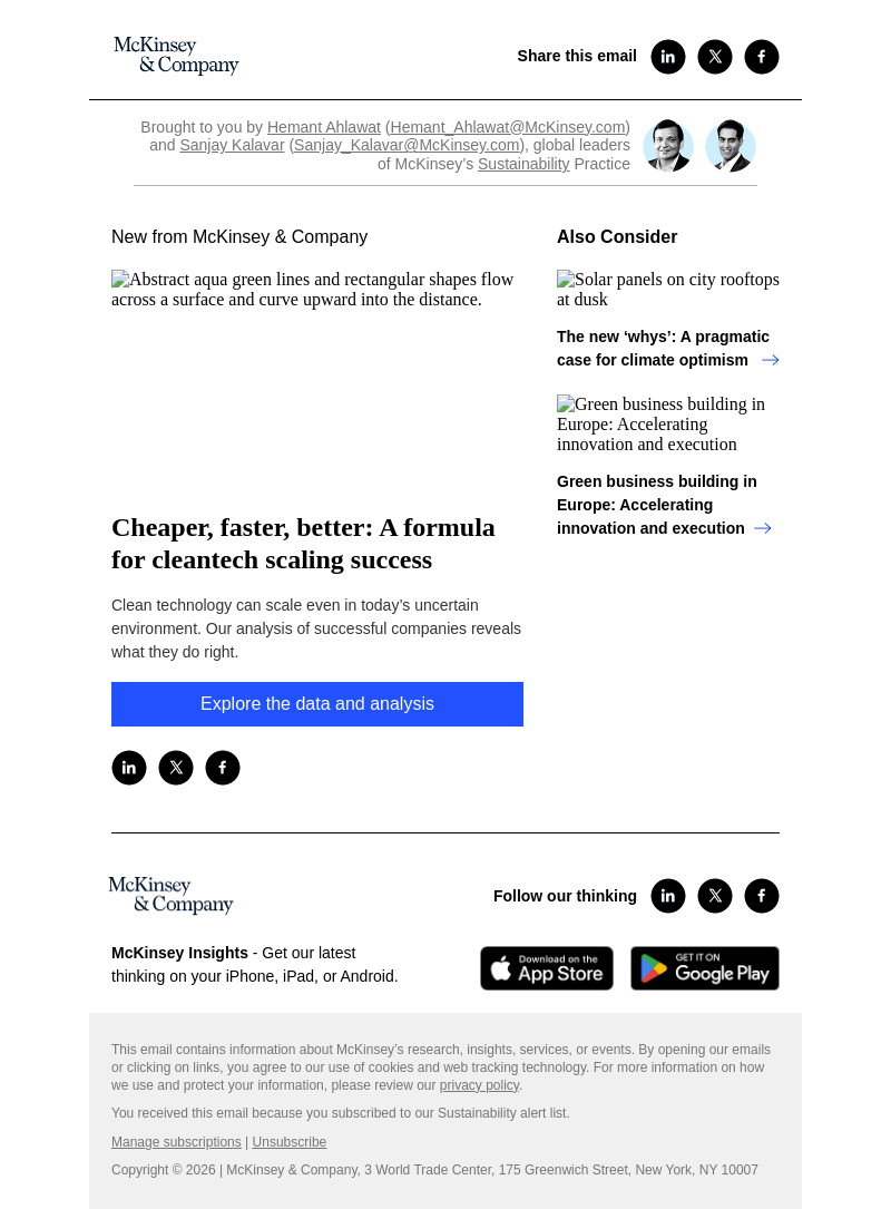 Письмо компании «McKinsey & Company» на тему «Cheaper, faster, better: A formula for cleantech scaling success»