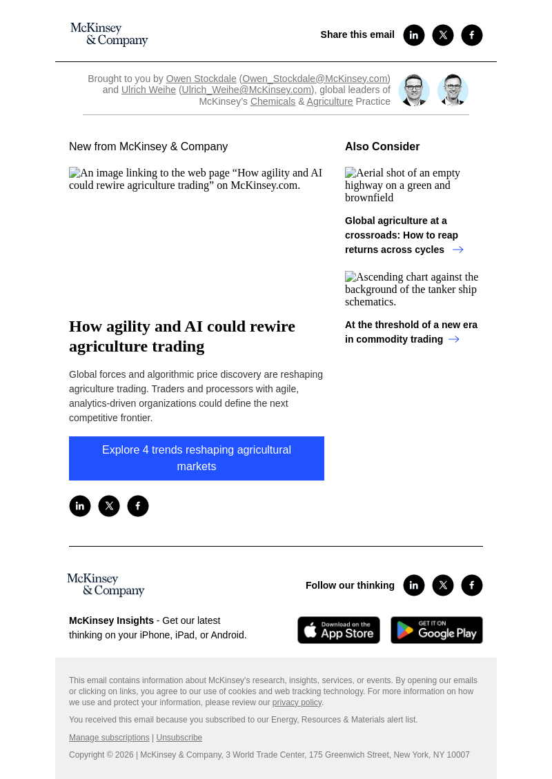 Письмо компании «McKinsey & Company» на тему «How agility and AI could rewire agriculture trading»