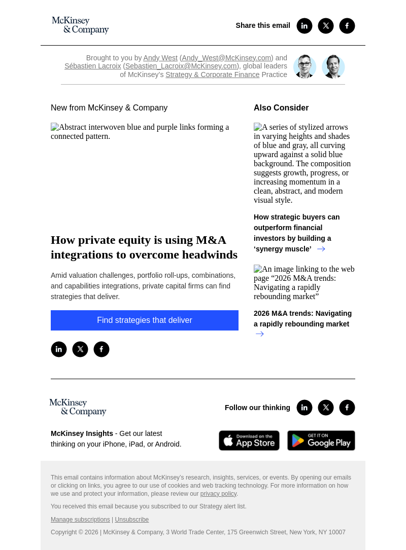 Письмо компании «McKinsey & Company» на тему «How private equity is using M&A integrations to overcome headwinds»