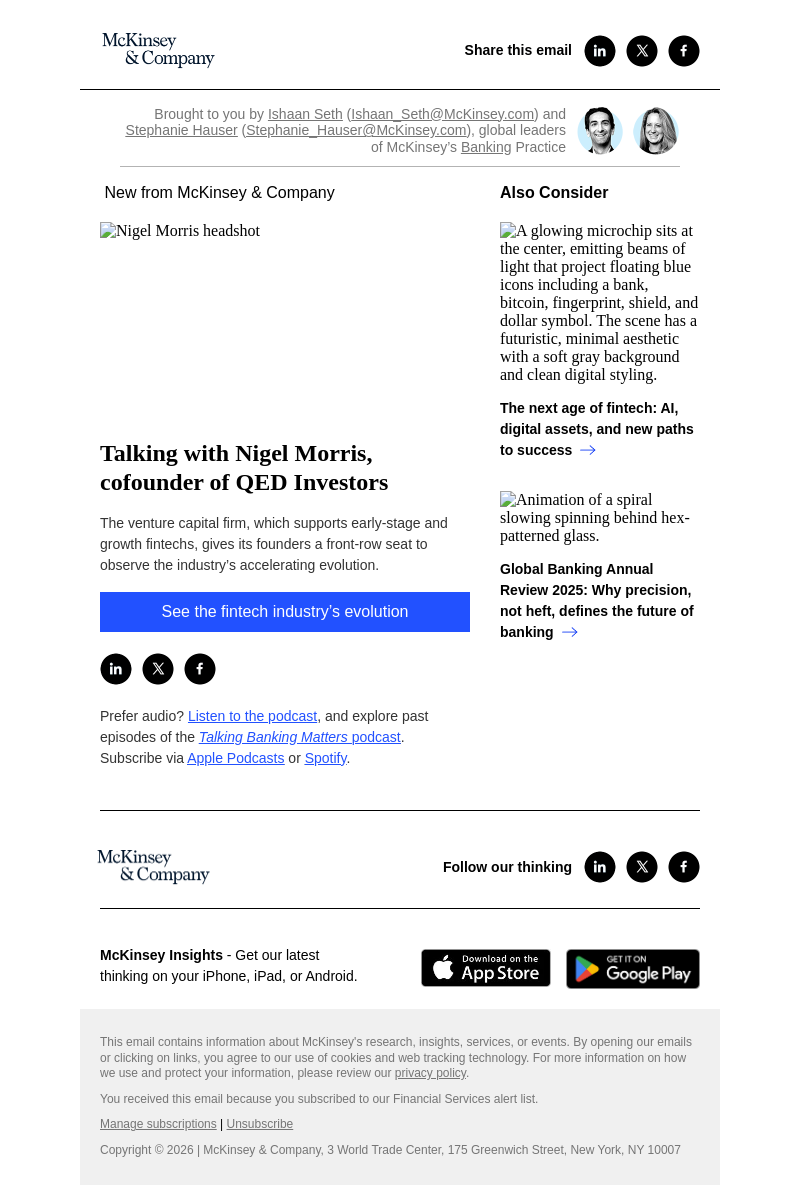 Письмо компании «McKinsey & Company» на тему «Talking with Nigel Morris, cofounder of QED Investors»