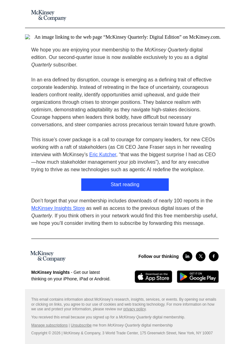 Письмо компании «McKinsey & Company» на тему «Available today: Your latest issue of the McKinsey Quarterly»