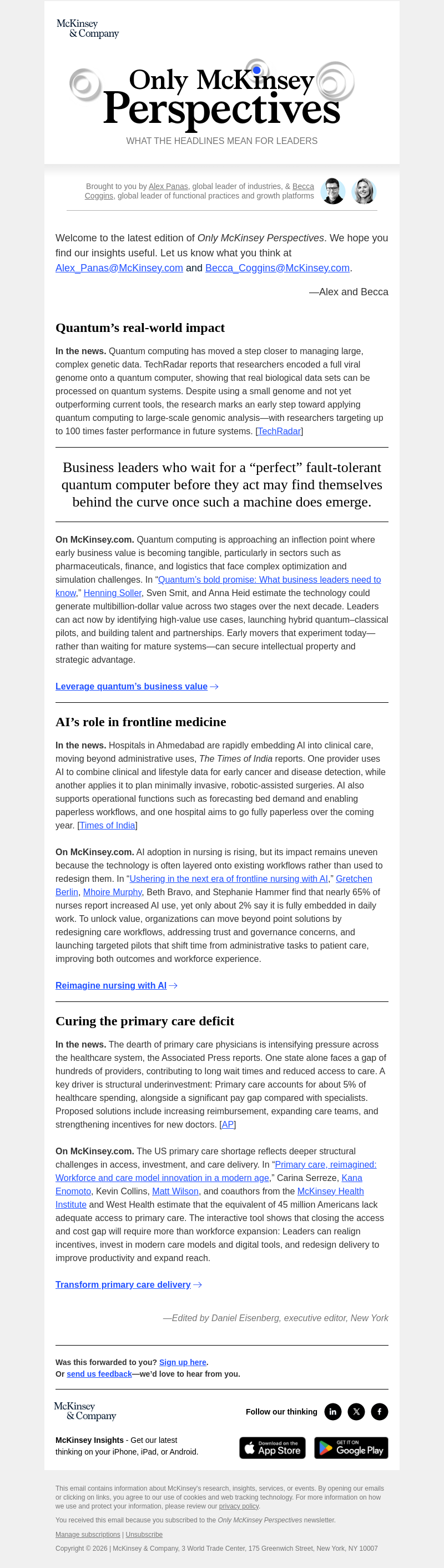Письмо компании «McKinsey & Company» на тему «Quantum’s early-mover advantage, nursing’s AI potential, mapping the primary care shortage»