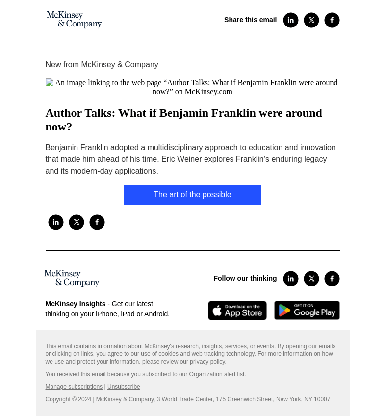Письмо компании «McKinsey & Company» на тему «Author Talks: What if Benjamin Franklin were around now?»