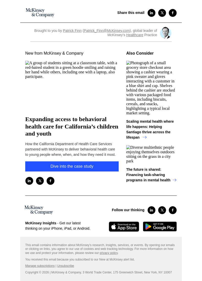 Письмо компании «McKinsey & Company» на тему «Expanding access to behavioral health care for California’s children and youth»