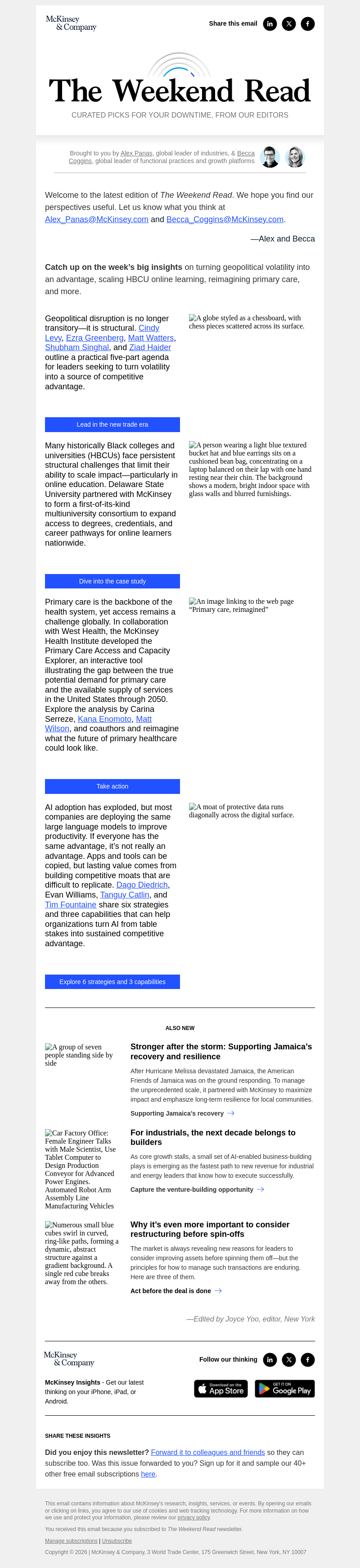 Письмо компании «McKinsey & Company» на тему «Turning geopolitical volatility into an advantage, scaling HBCU
 online learning, and more»
