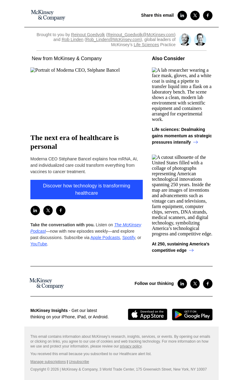 Письмо компании «McKinsey & Company» на тему «The next era of healthcare is personal»