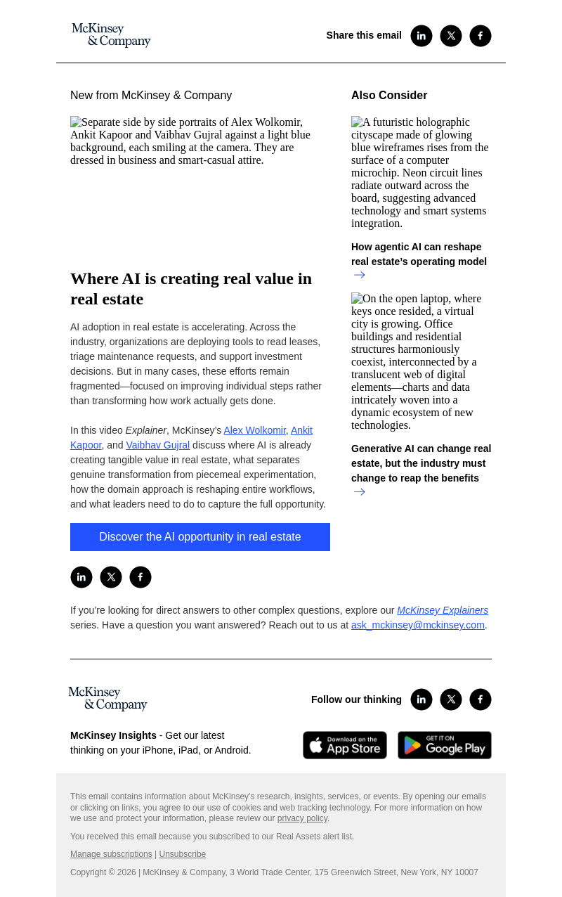 Письмо компании «McKinsey & Company» на тему «Where AI is creating real value in real estate»