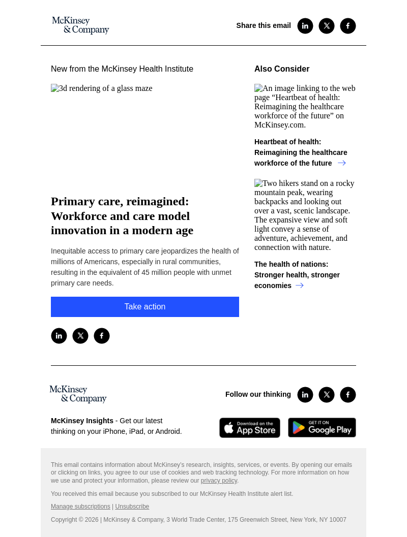 Письмо компании «McKinsey & Company» на тему «Primary care, reimagined: Workforce and care model innovation in a
 modern age»