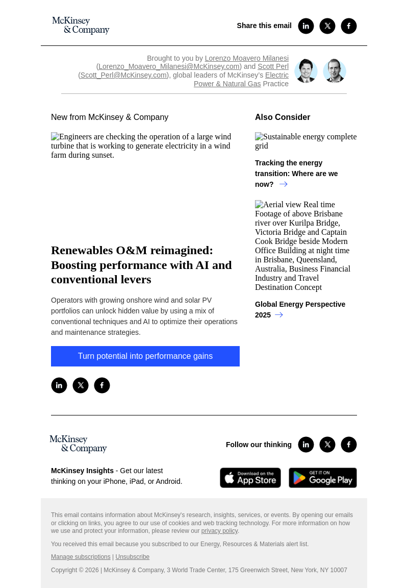 Письмо компании «McKinsey & Company» на тему «Renewables O&M reimagined: Boosting performance with AI and
 conventional levers»